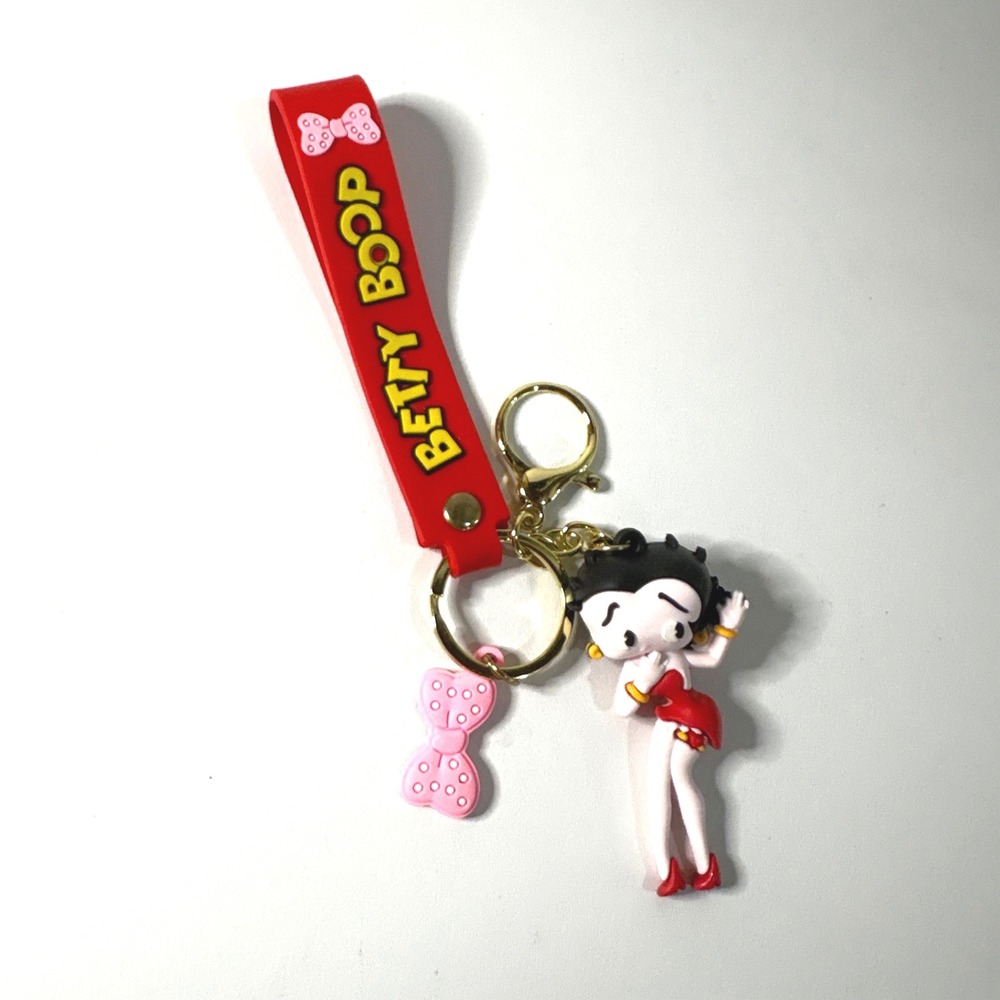 Betty Boop 3D Rubber Keychain Red Wristlet Strap Pink Bow Charm Cartoon Figure